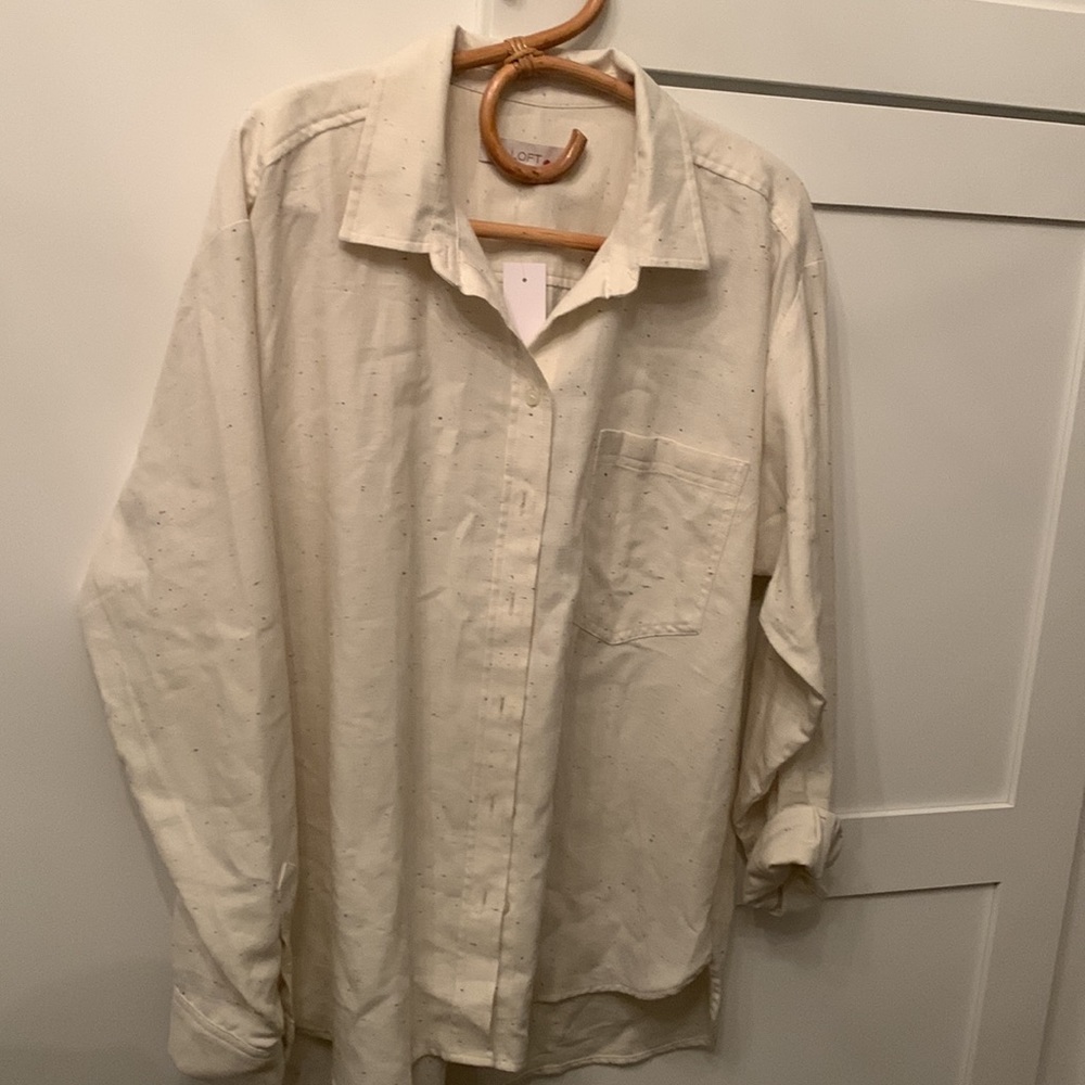 LOFT button down long sleeve blouse with colored speckles on beige size XL - Picture 10 of 15